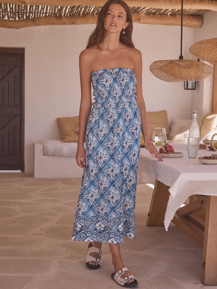 Blue/White Jersey 100% Cotton Textured Bandeau Midi Dress - Image 2 of 6