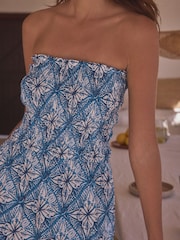 Blue/White Jersey 100% Cotton Textured Bandeau Midi Dress - Image 4 of 6