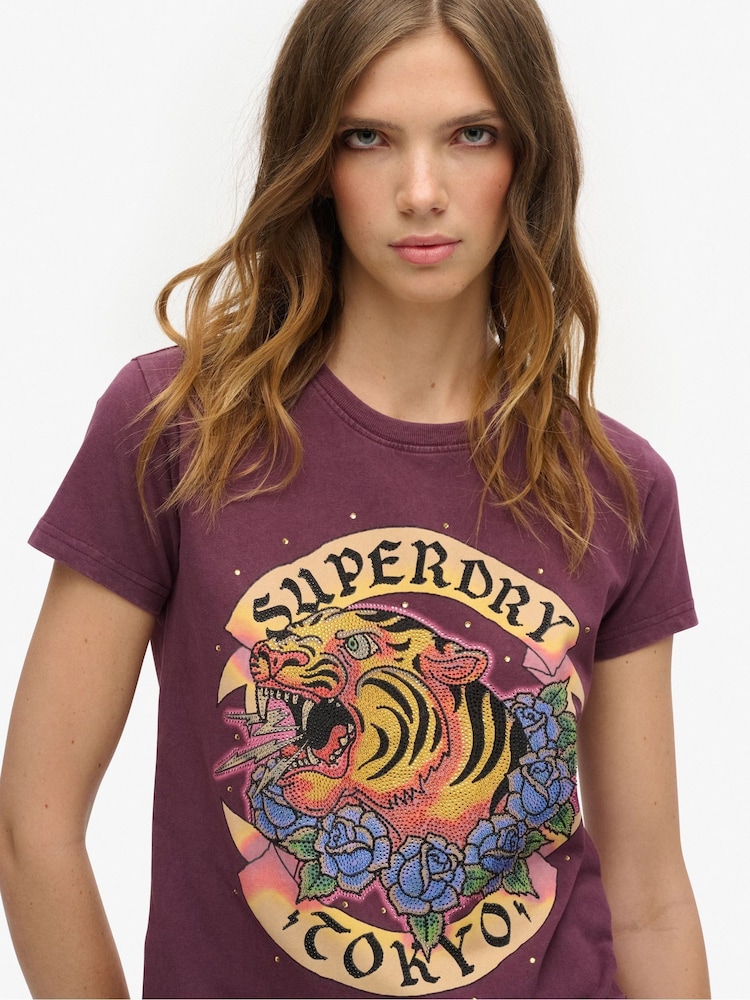 Superdry Fig Purple 100% Cotton Tattoo Rhinestone Fitted T-Shirt - Image 2 of 3