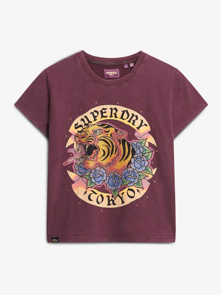 Superdry Fig Purple 100% Cotton Tattoo Rhinestone Fitted T-Shirt - Image 3 of 3
