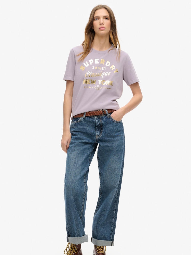 Superdry Brassica Lilac 100% Cotton Luxe Metallic Logo Relaxed T-Shirt - Image 2 of 5