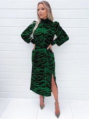 AX Paris Green Animal Print High Neck Long Sleeve Midi Dress - Image 1 of 4