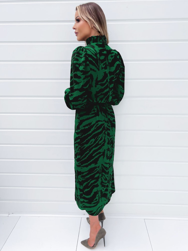 AX Paris Green Animal Print High Neck Long Sleeve Midi Dress - Image 2 of 4 AX Paris Green Animal Print High Neck Long Sleeve Midi Dress - Image 2 of 4