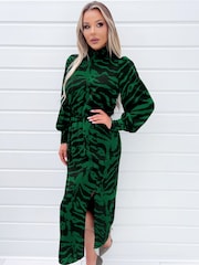 AX Paris Green Animal Print High Neck Long Sleeve Midi Dress - Image 3 of 4