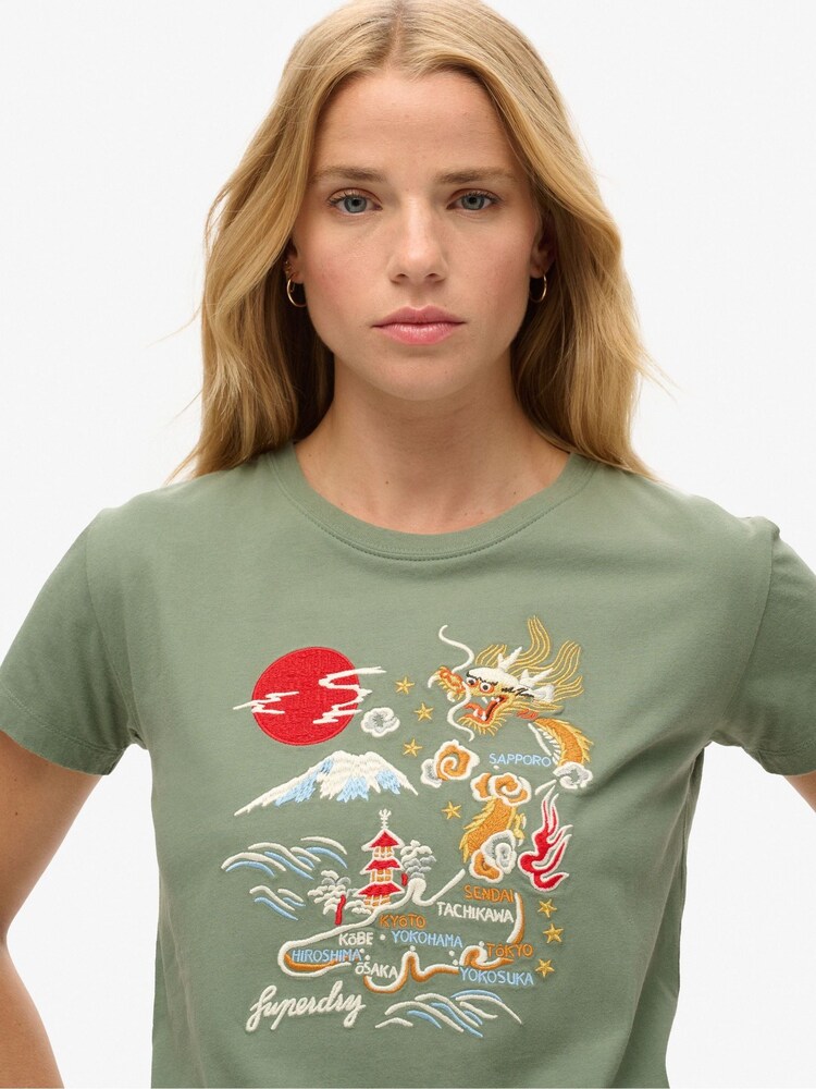 Superdry Laurel Khaki 100% Cotton Suika Embroidered Fitted T-Shirt - Image 2 of 3