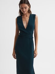 Reiss Teal Jayla Fitted Wrap Design Midi Dress - Image 1 of 5