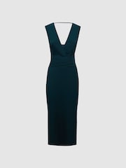 Reiss Teal Jayla Fitted Wrap Design Midi Dress - Image 2 of 5