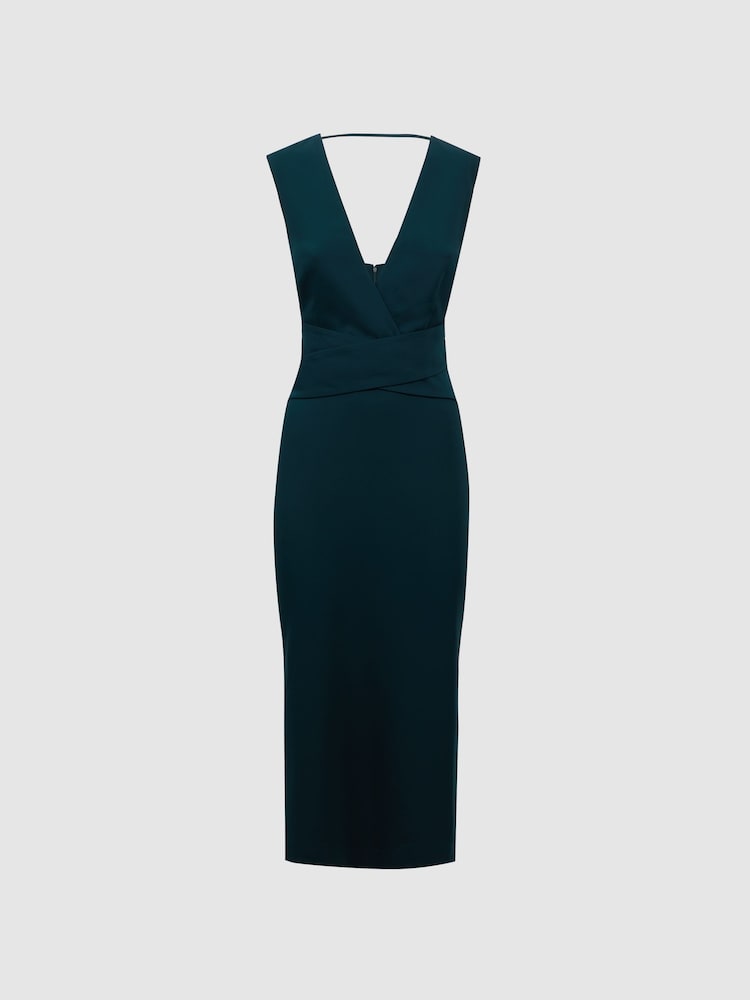 Reiss Teal Jayla Fitted Wrap Design Midi Dress - Image 2 of 5