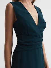 Reiss Teal Jayla Fitted Wrap Design Midi Dress - Image 3 of 5