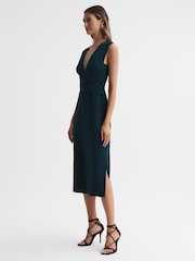 Reiss Teal Jayla Fitted Wrap Design Midi Dress - Image 4 of 5