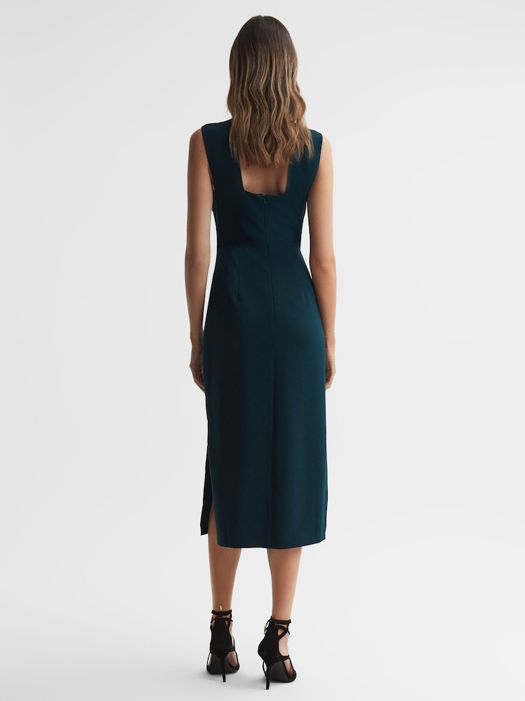 Reiss Teal Jayla Fitted Wrap Design Midi Dress - Image 5 of 5