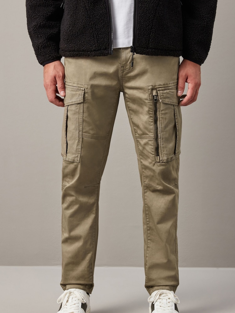 Stone Slim Fit Zip Detail Stretch Cargo Trousers - Image 1 of 14