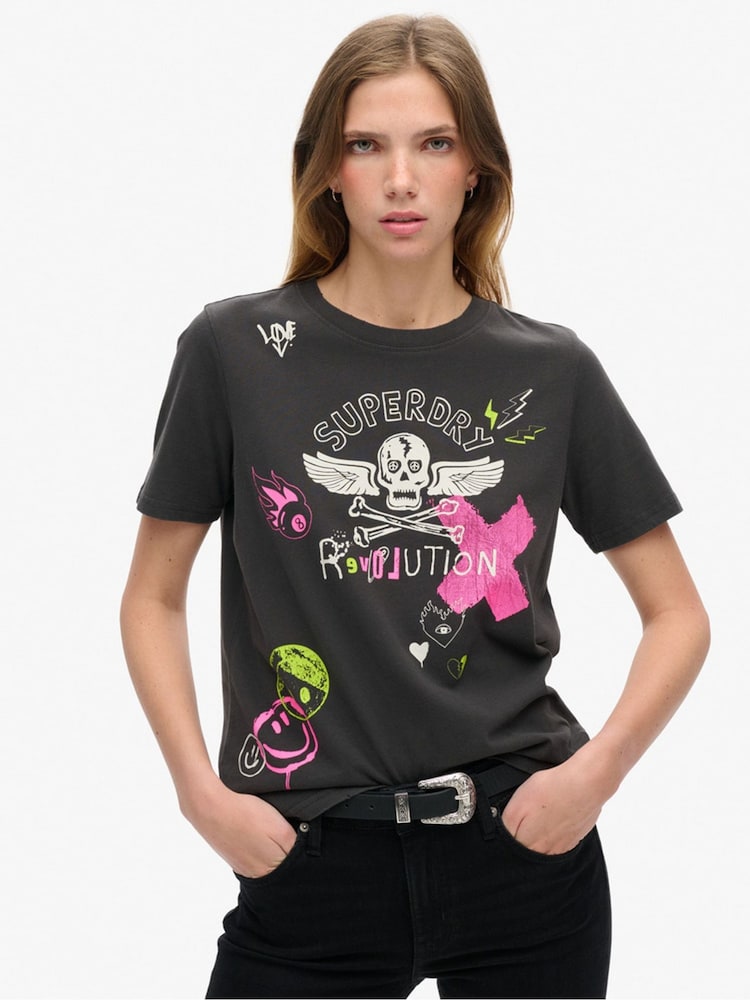 Superdry Bison Black Lo-Fi Punk Poster Relaxed 100% Cotton T-Shirt - Image 1 of 8