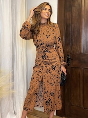 AX Paris Natural Camel Print High Neck Split Skirt Midi Dress - Image 3 of 4