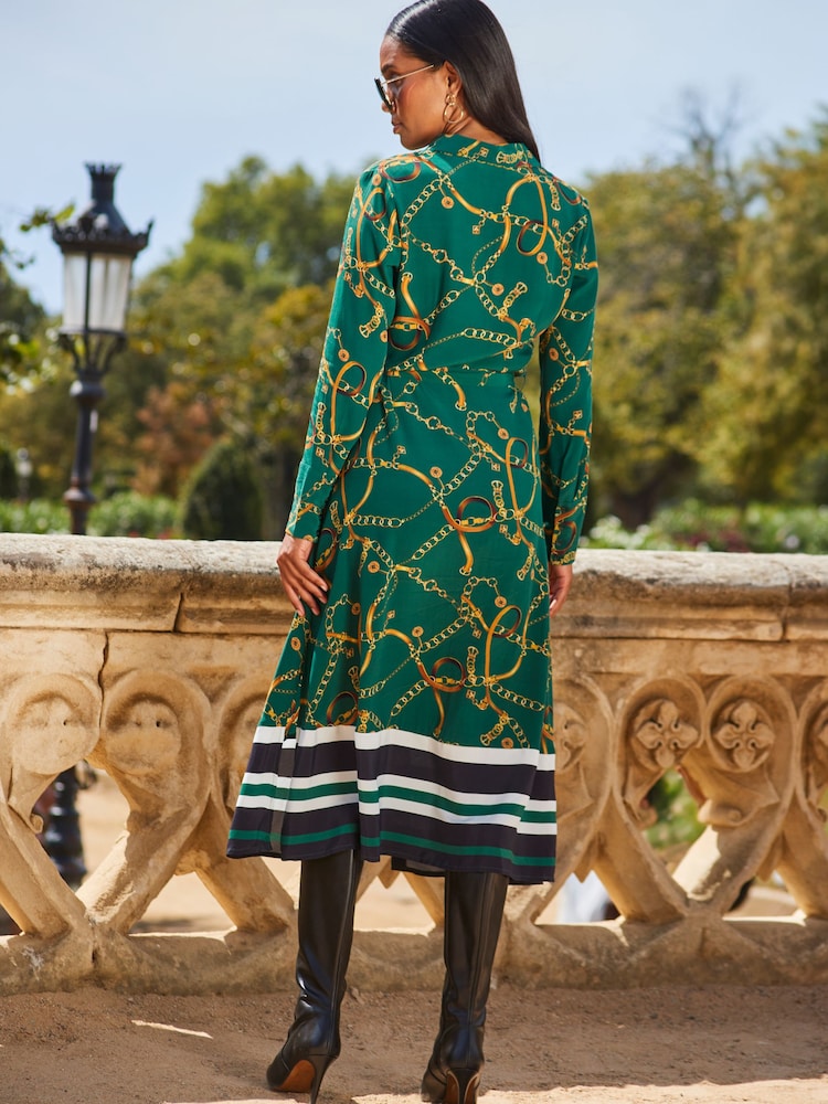 Sosandar Green Striped Hem Midi Shirt Dress - Image 2 of 5