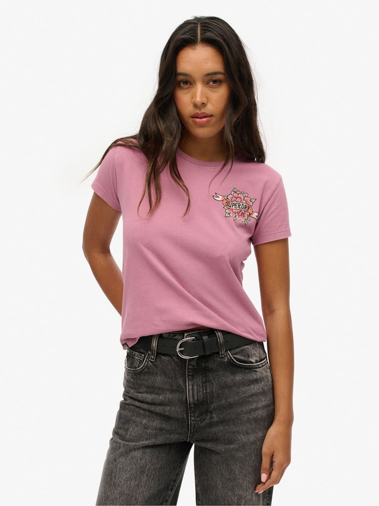 Superdry Dusky Orchid Purple 100% Cotton Tattoo Rhinestone Fitted T-Shirt - Image 1 of 4 Superdry Dusky Orchid Purple 100% Cotton Tattoo Rhinestone Fitted T-Shirt - Image 1 of 4