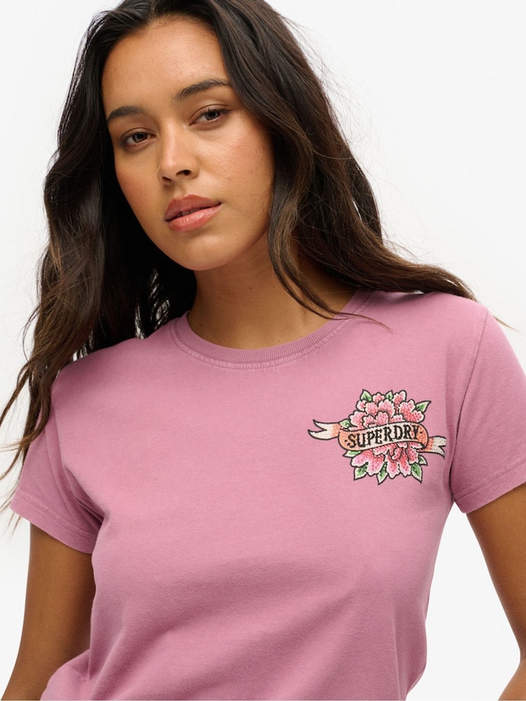 Superdry Dusky Orchid Purple 100% Cotton Tattoo Rhinestone Fitted T-Shirt - Image 4 of 4