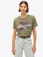 Superdry Dusty Olive Green 100% Cotton Tattoo Script Relaxed T-Shirt - Image 1 of 6