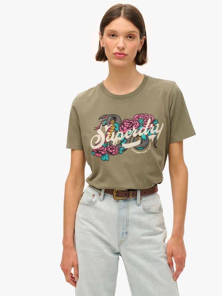 Superdry Dusty Olive Green 100% Cotton Tattoo Script Relaxed T-Shirt - Image 1 of 6