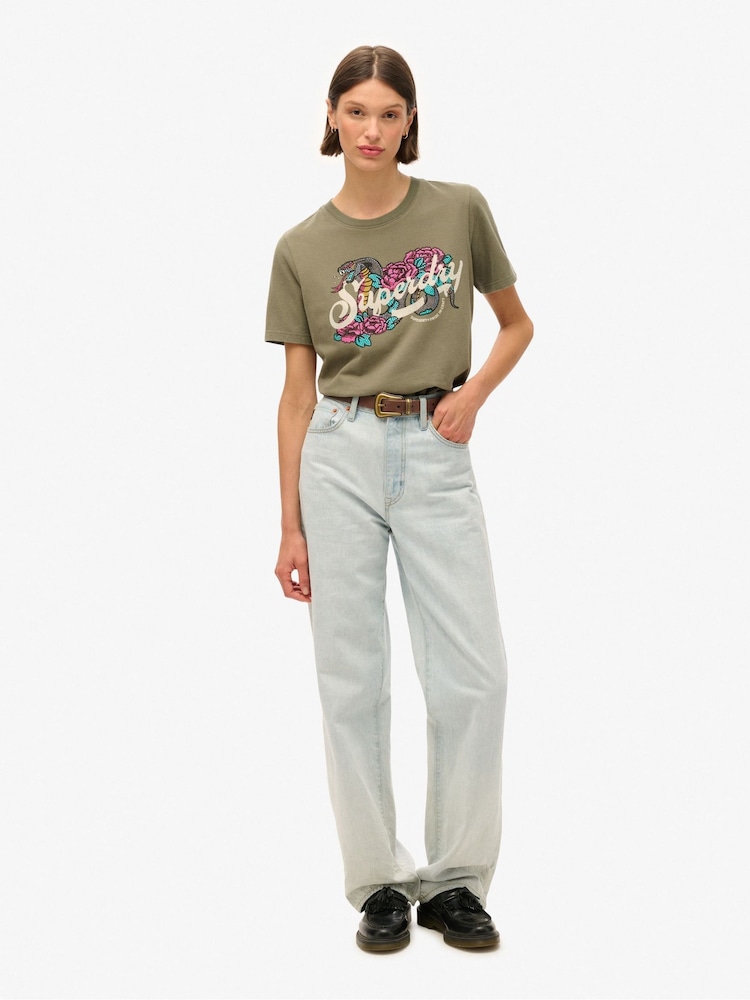 Superdry Dusty Olive Green 100% Cotton Tattoo Script Relaxed T-Shirt - Image 2 of 6