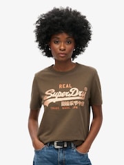Superdry Deep Khaki Green Slub Embellished VL Graphic 100% Cotton T-Shirt - Image 1 of 5