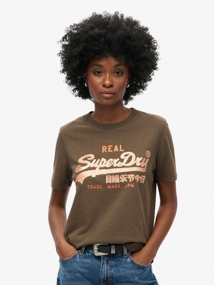 Superdry Deep Khaki Green Slub Embellished VL Graphic 100% Cotton T-Shirt - Image 1 of 5