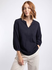 أزرق - Weird Fish Mabel Cotton Jacquard 3/4 Sleeve Top - صورة 1 من 7