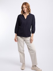 أزرق - Weird Fish Mabel Cotton Jacquard 3/4 Sleeve Top - صورة 3 من 7