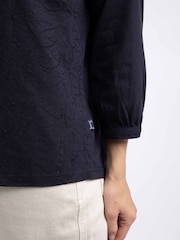 أزرق - Weird Fish Mabel Cotton Jacquard 3/4 Sleeve Top - صورة 5 من 7