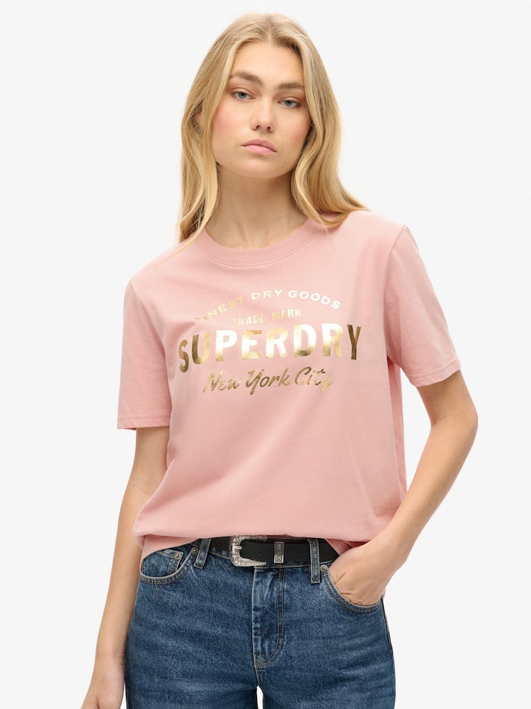 Superdry Blush Pink 100% Cotton Luxe Metallic Logo Relaxed T-Shirt - Image 1 of 5
