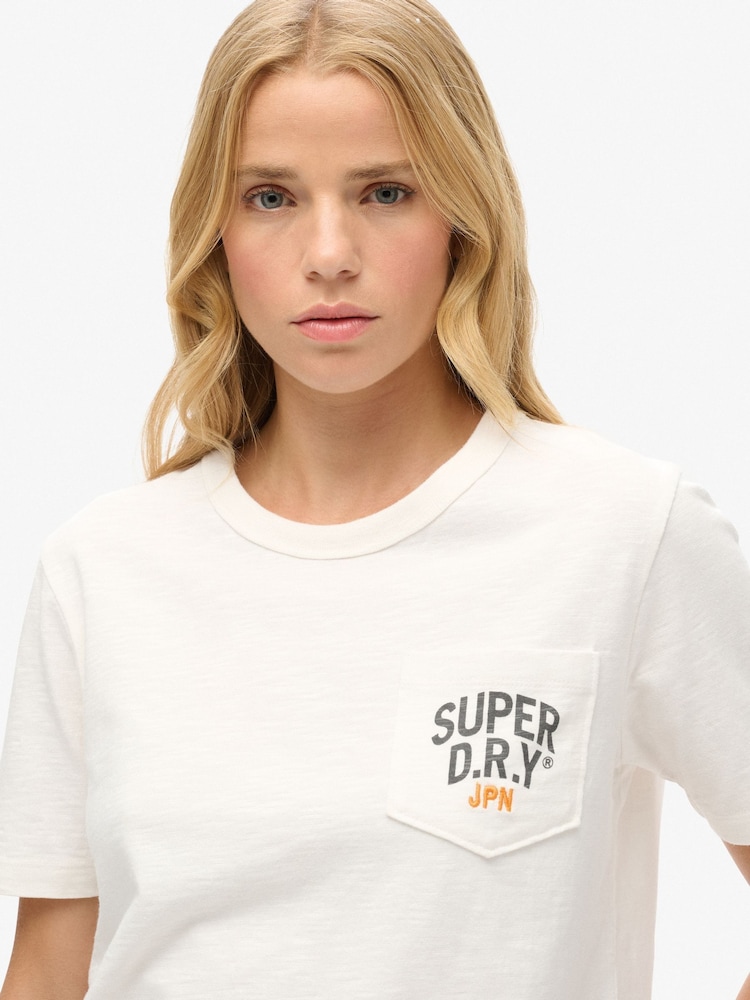 Superdry Off White 100% Cotton Workwear Embroider Pocket T-Shirt - Image 1 of 4