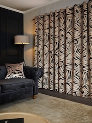 Black/Gold Collection Luxe Velvet Palm Leaf Eyelet Lined Curtains - Image 3 of 5