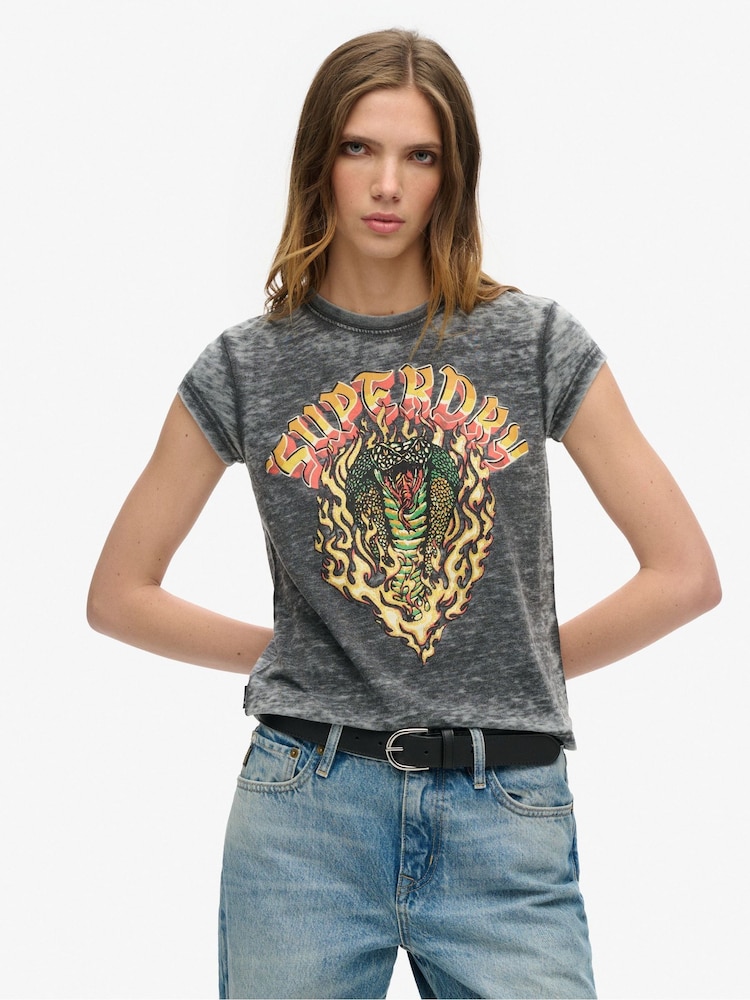 Superdry Black Biker Rock Graphic Cap Sleeve T-Shirt - Image 1 of 5