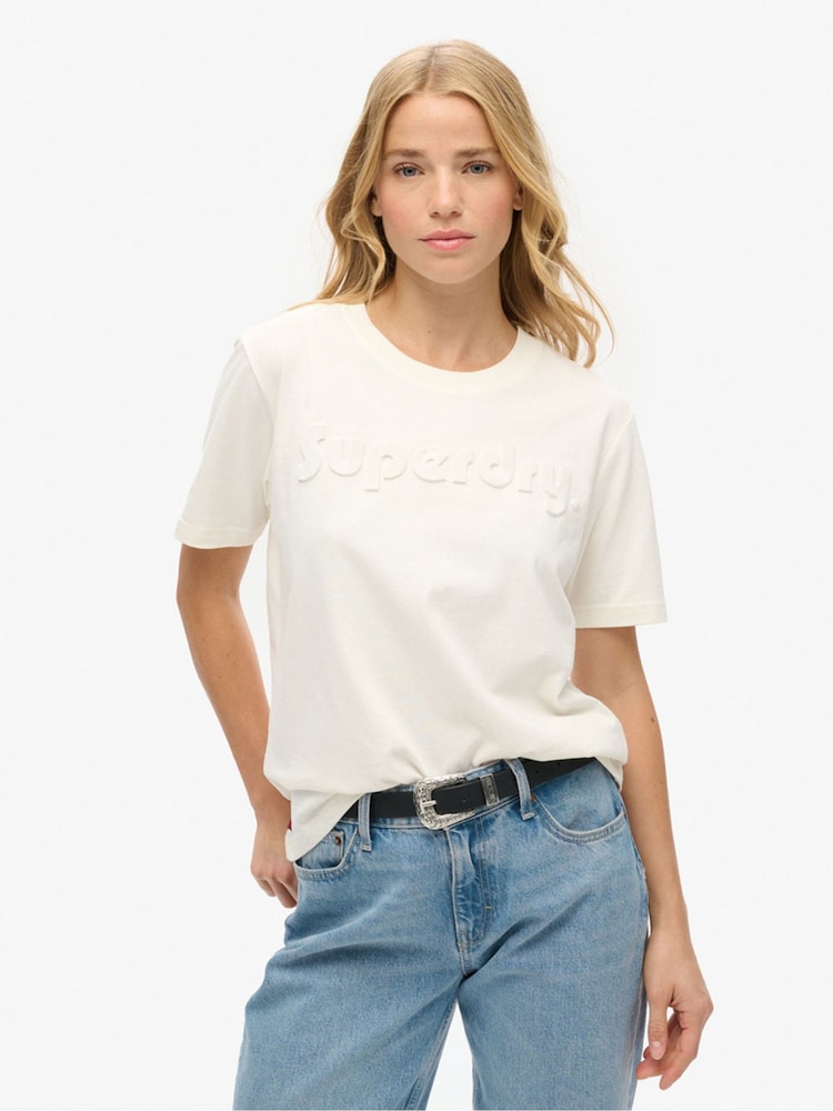 Superdry New Chalk White 100% Cotton Embossed Logo Relaxed T-Shirt - Image 1 of 7