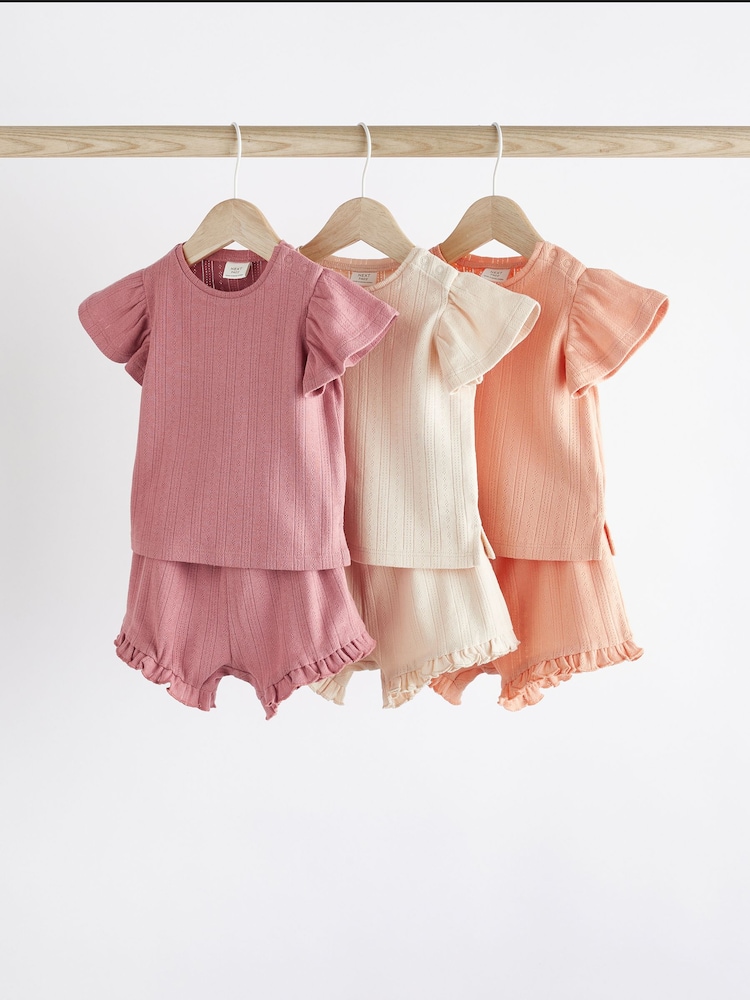 Pink mit Pointelle-Muster - 3er-Pack für Babys bestehend aus T-Shirt und Shorts aus 100 % Baumwolle - Bild 1 von 15