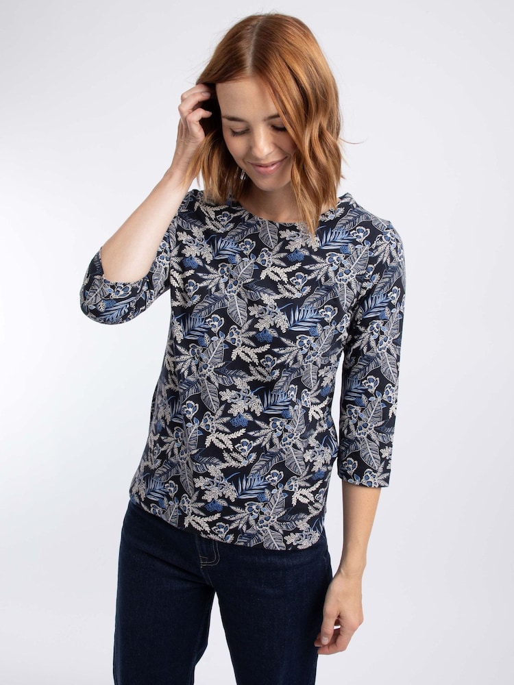 Weird Fish Navy Blue Pinto Printed Jersey Top - Image 1 of 7 Weird Fish Navy Blue Pinto Printed Jersey Top - Image 1 of 7