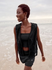 Black Sleeveless Crochet Waistcoat Jacket - Image 1 of 5