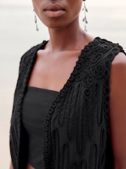 Black Sleeveless Crochet Waistcoat Jacket - Image 4 of 5