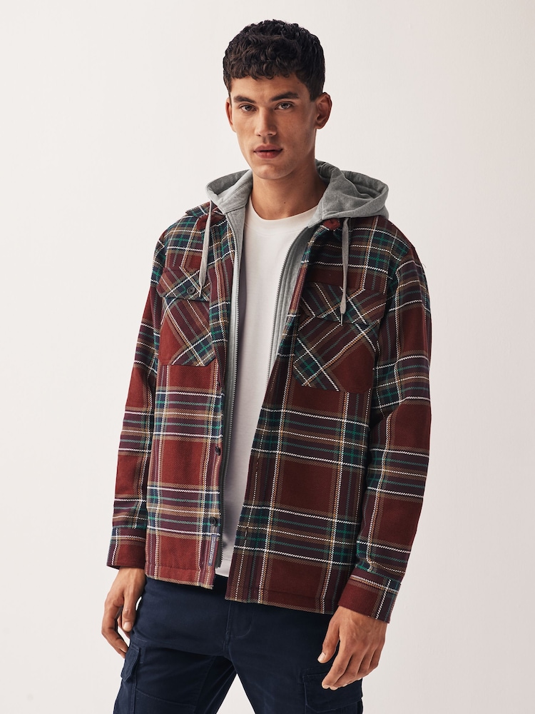 Red Check Hooded Shacket - Image 1 of 11 Red Check Hooded Shacket - Image 1 of 11