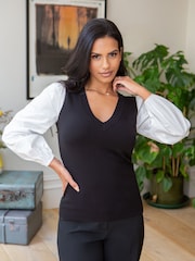 Pour Moi Black 100% Cotton Reese V-Neck Knit Jumper With Poplin Sleeves - Image 1 of 4