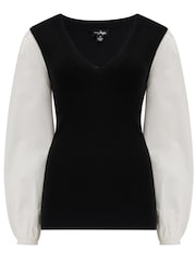 Pour Moi Black 100% Cotton Reese V-Neck Knit Jumper With Poplin Sleeves - Image 3 of 4