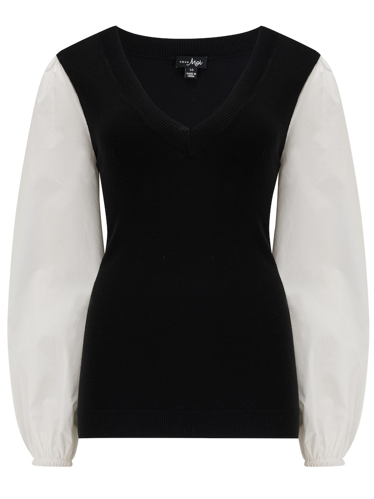 Pour Moi Black 100% Cotton Reese V-Neck Knit Jumper With Poplin Sleeves - Image 3 of 4