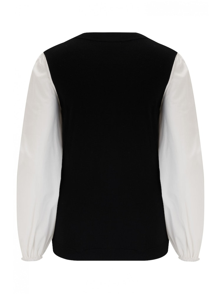Pour Moi Black 100% Cotton Reese V-Neck Knit Jumper With Poplin Sleeves - Image 4 of 4