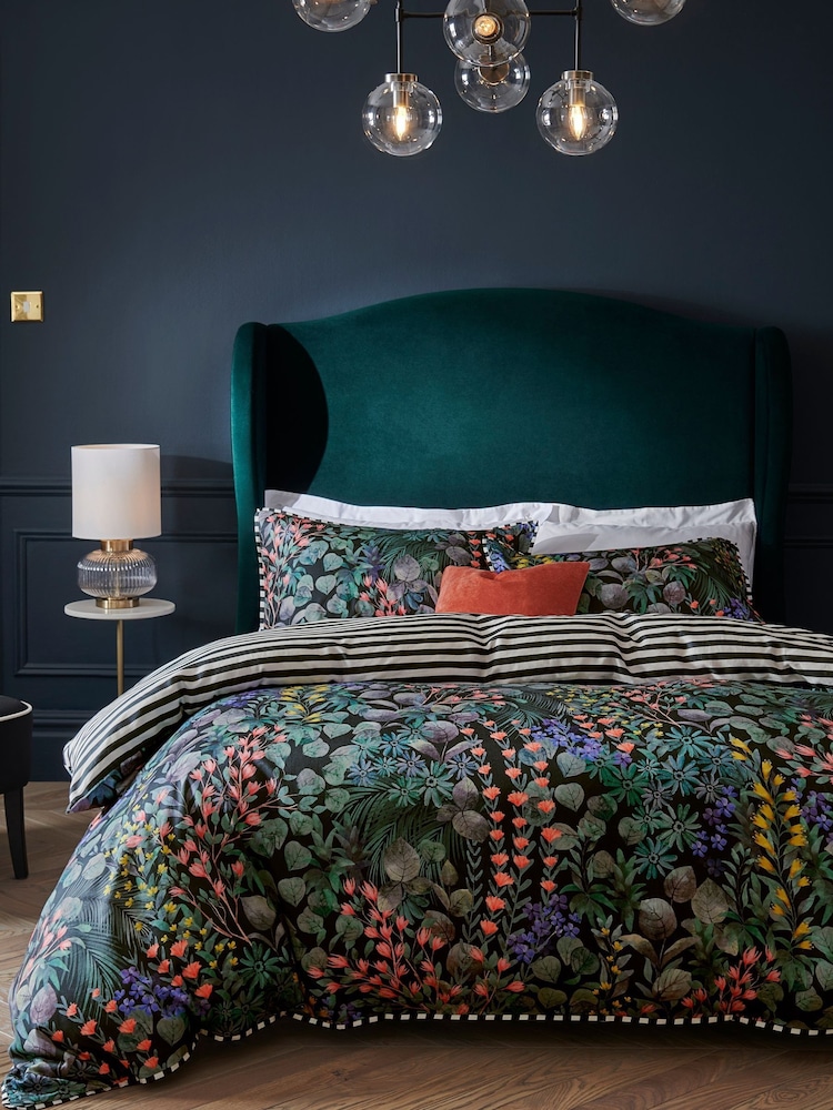Black/Green Reversible Floral 200 Thread Count 100% Cotton Sateen Duvet Cover and Pillowcase Set - Image 1 of 6
