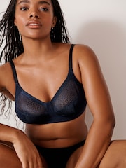Navy Blue Total Support Non Pad Non Wire Animal Print Mesh Bra with Side Support - Image 1 of 7