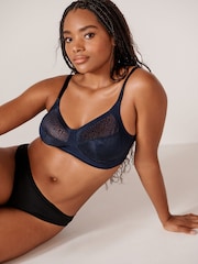 Navy Blue Total Support Non Pad Non Wire Animal Print Mesh Bra with Side Support - Image 2 of 7