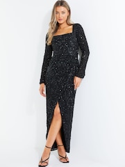 Quiz Black Sequin Long Sleeve Wrap Maxi Dress - Image 1 of 4