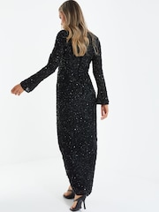Quiz Black Sequin Long Sleeve Wrap Maxi Dress - Image 2 of 4
