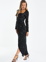 Quiz Black Sequin Long Sleeve Wrap Maxi Dress - Image 3 of 4