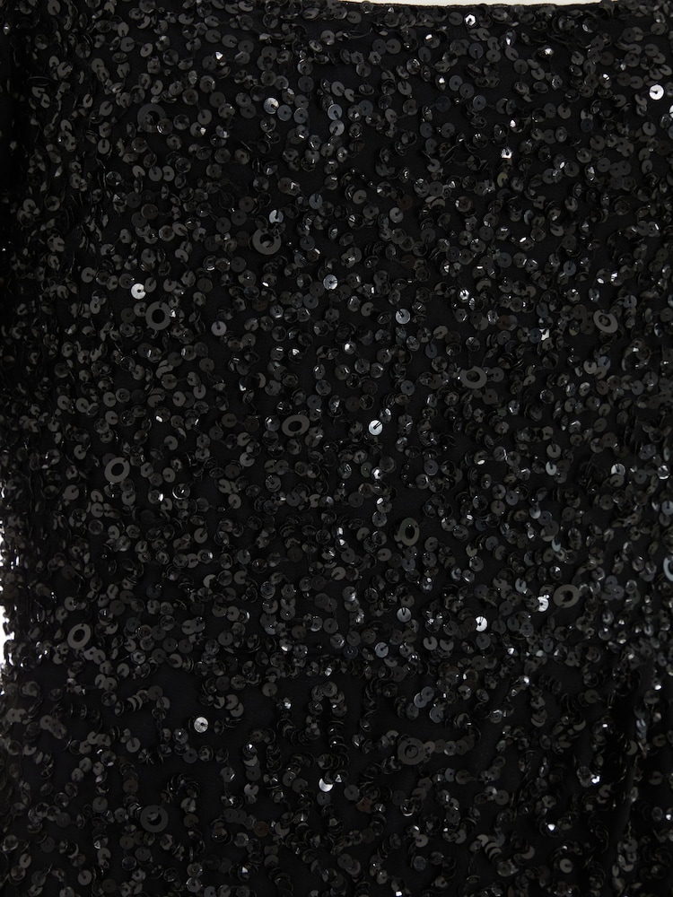 Quiz Black Sequin Long Sleeve Wrap Maxi Dress - Image 4 of 4